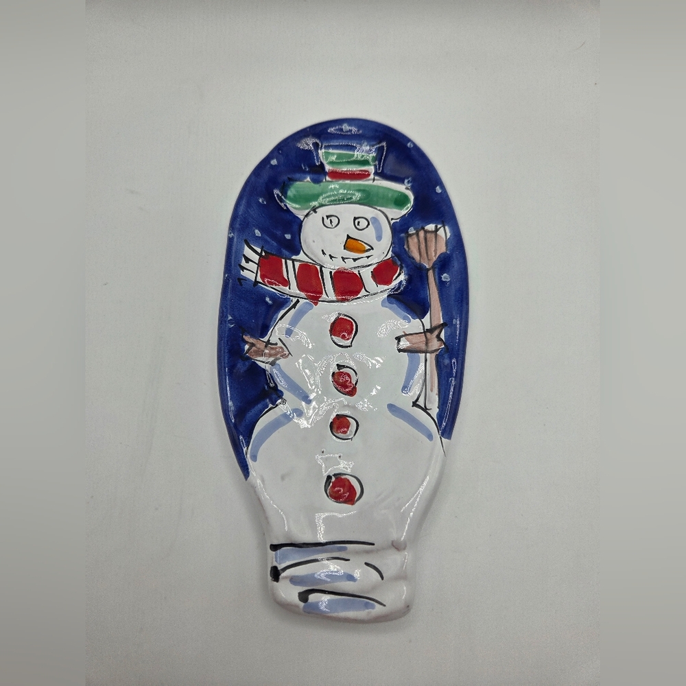 Vintage Hand-Painted Snowman Ceramic Spoon Rest Made In Italy